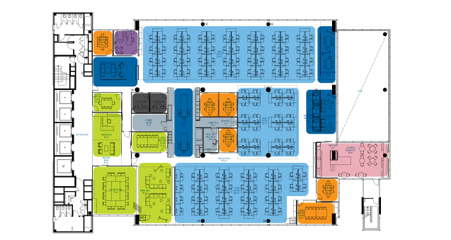 An office floorplan with various areas highlighted