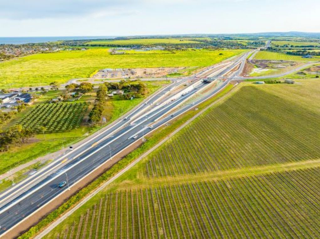 Drone photo of the Aldinga Interchange and Main South Road