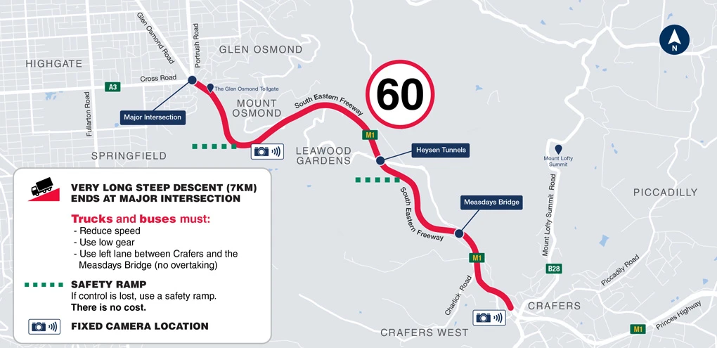 Map illustrating safety information for drivers descending the South Eastern Freeway from Mount Osmond towards Adelaide. The steep descent route is highlighted and various safety details are provided.