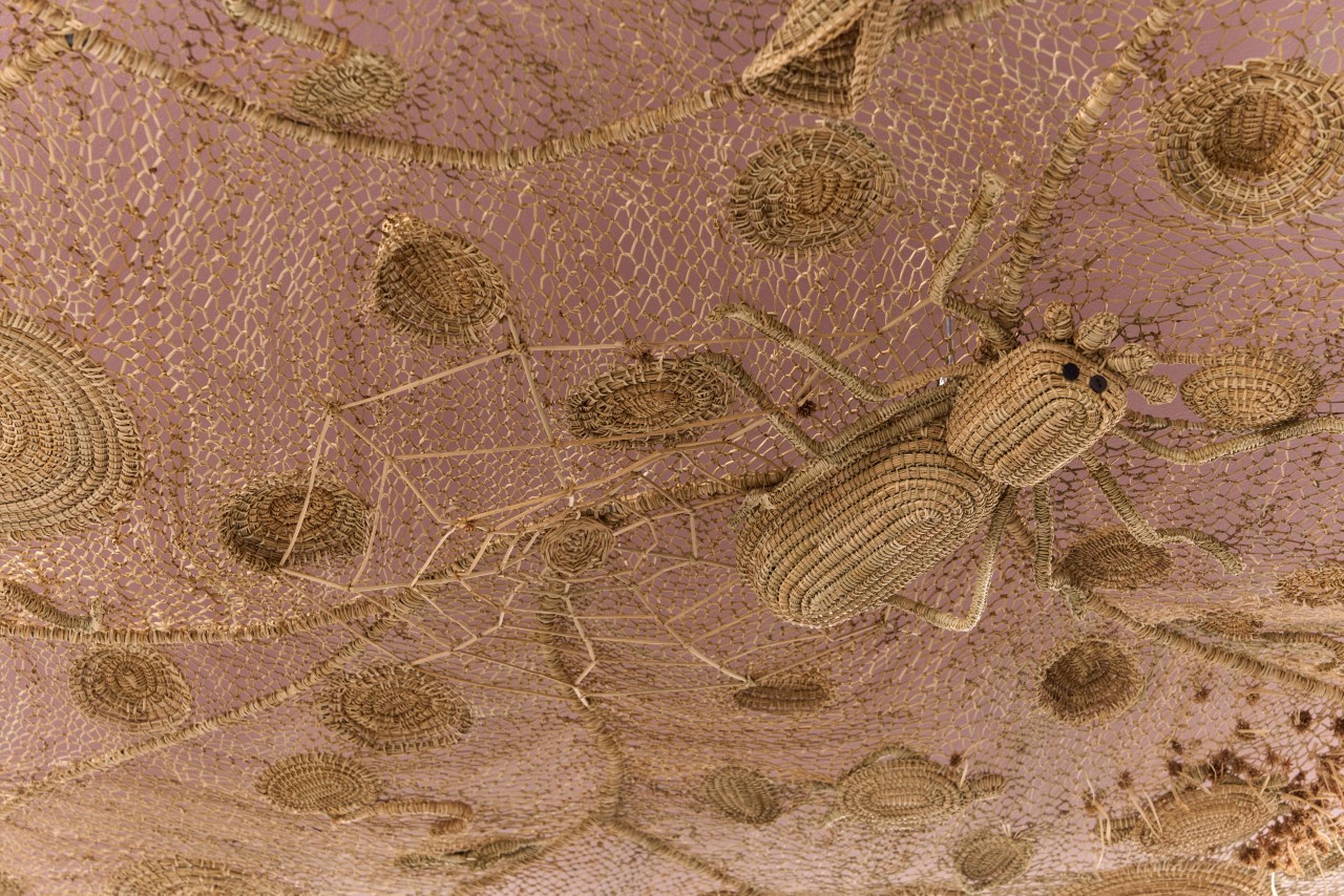 Weaving artwork closeup featuring a Huntsman spider.