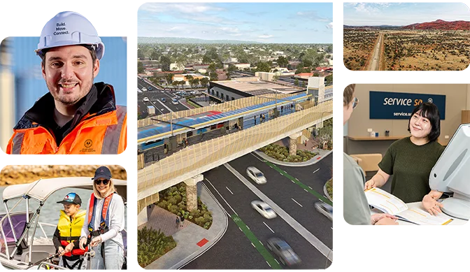 Collage featuring services, road, rail, marine, and public transport infrastructure, green areas, and staff.