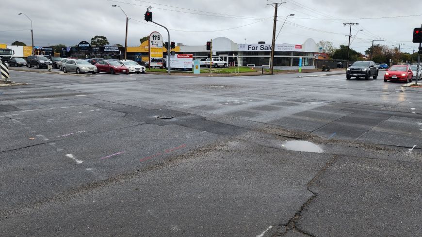 The intersection of South Road and Daws Road in its current condition