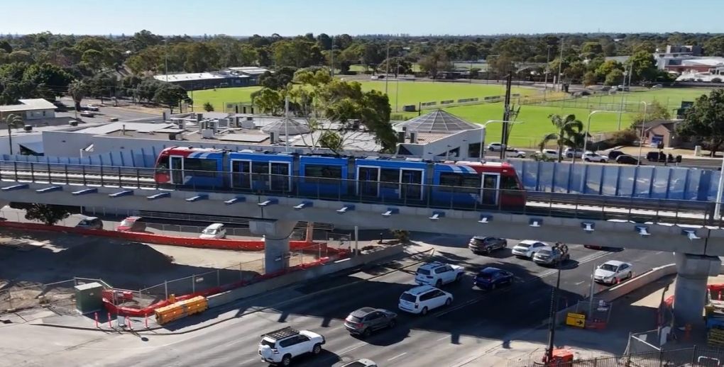 Tram travelling along an overpass