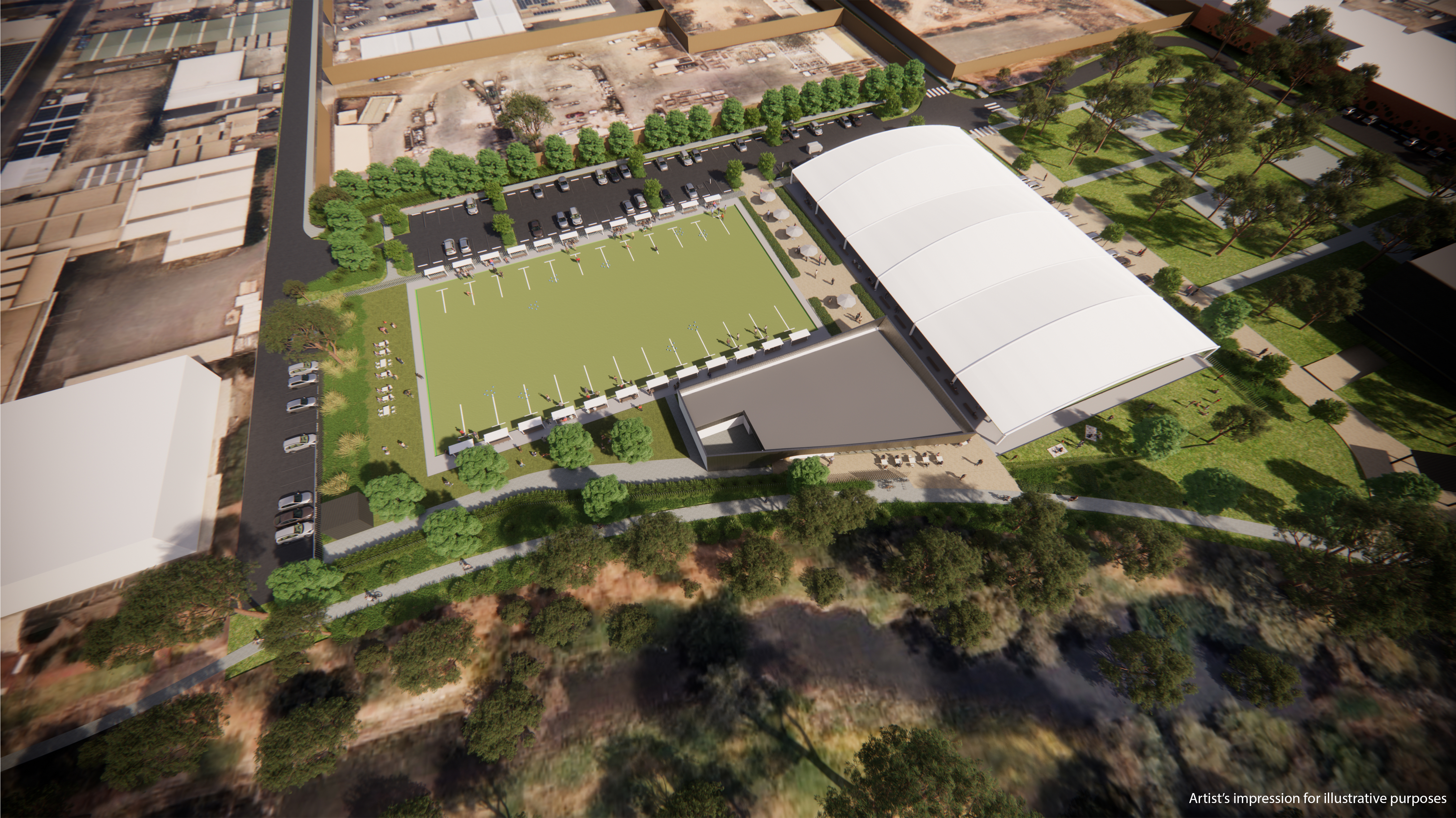 Torrensville Bowling Club artist impression from the air looking down onto the new bowling green, canopy and clubrooms.
