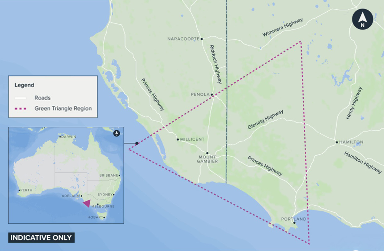 Triangular region across the SA-Vic border, from the coast (Kingston SE to Warrnambool) inland to Keith, Horsham, and Mt Gambier.