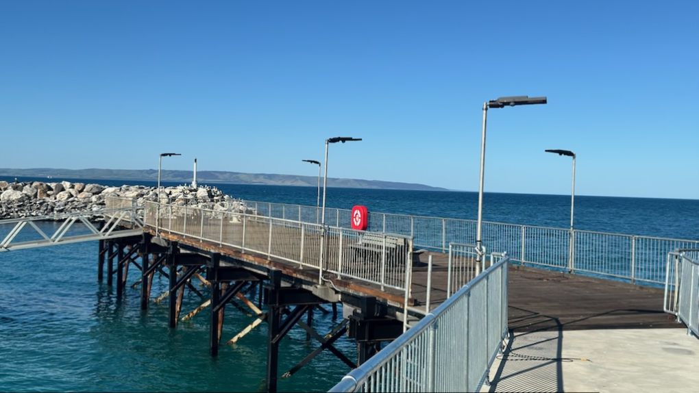 Upgraded Penneshaw public jetty with blue sky and blue water