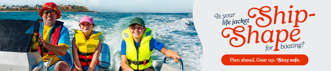 Two men on a boat, each wearing lifejackets and hats, are looking at safety equipment. Overlaid text says: Know Your Safety Gear