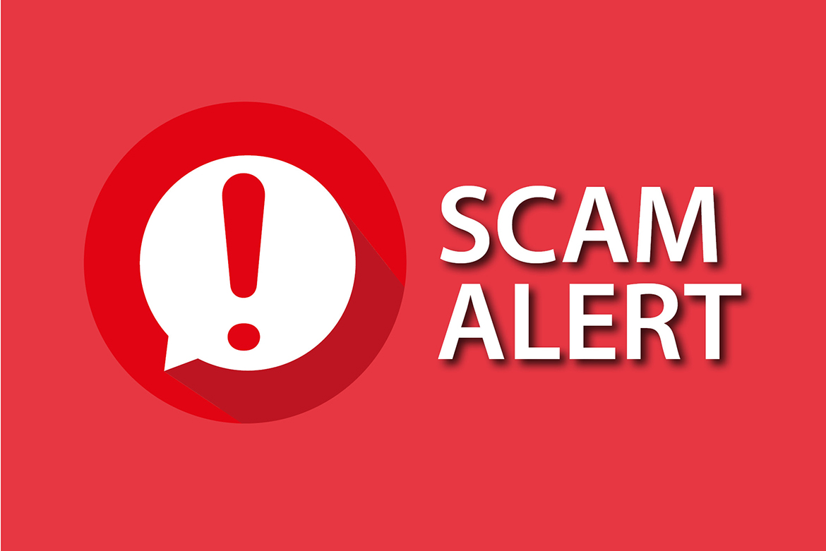 A exclamation mark in a circle next to the words "Scam Alert" in white text on a red background.