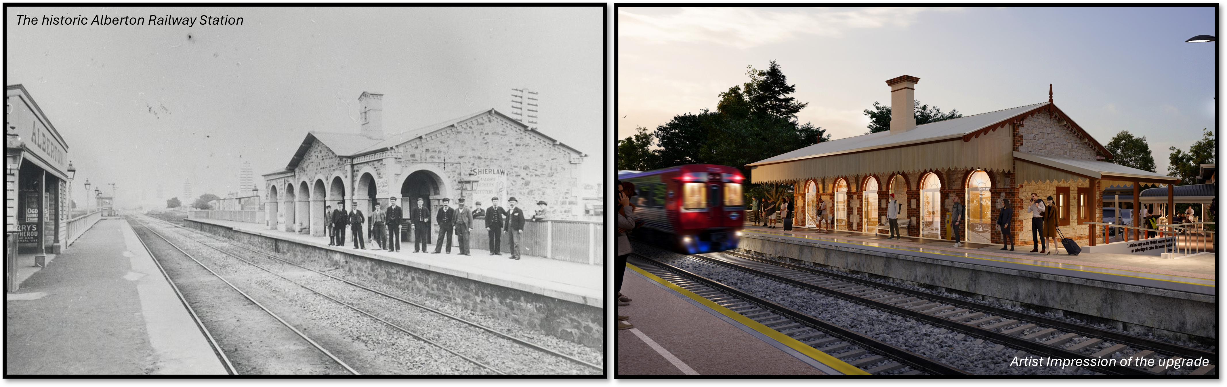 the historic station building versus an artist impression of the upgrade